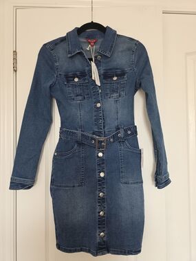 Guess Blue Long-Sleeve Denim Shirt Dress with Belt